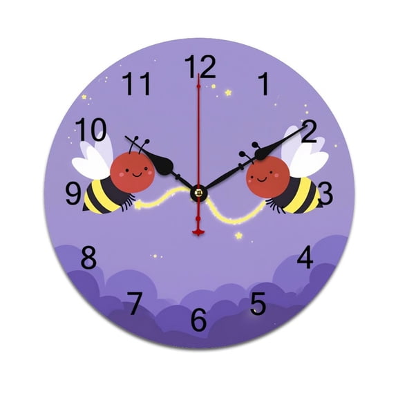 Cute Bees Flying in Night Sky-1 Word Saying Big Wall Clock Home Decor Art Watch Living Room Gift 10in