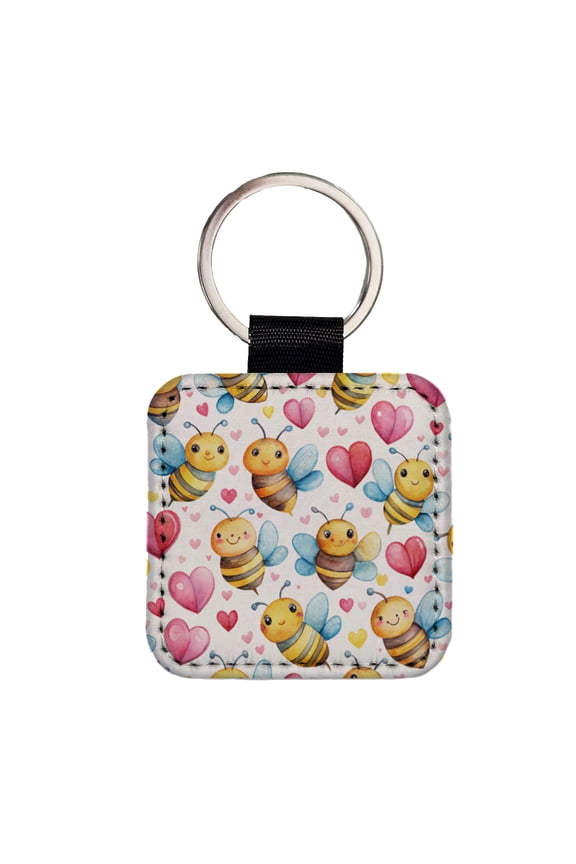 Cute Bees Hearts Watercolor Faux Leather Square Keychain