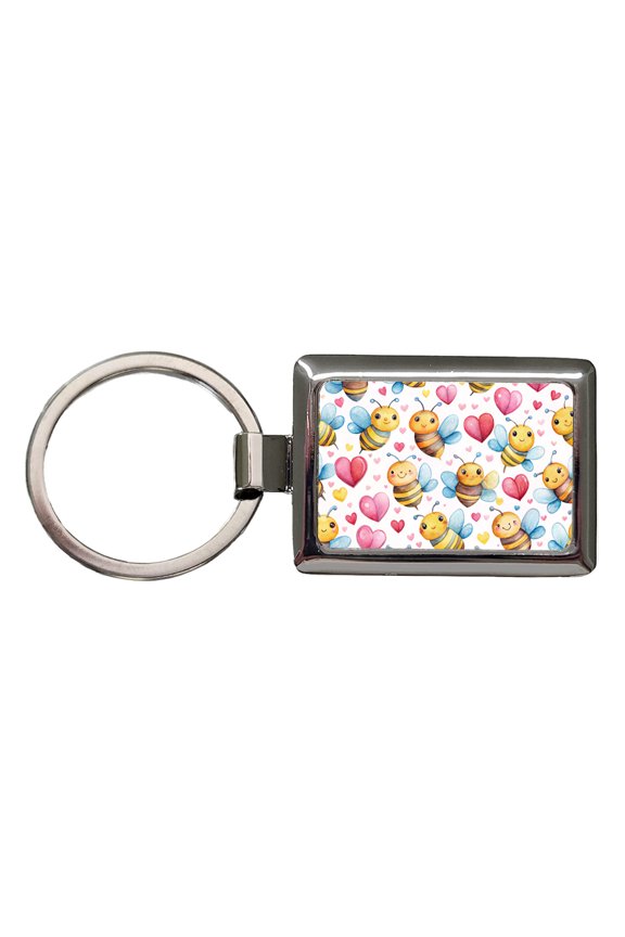 Cute Bees Hearts Watercolor Metal Rectangle Keychain