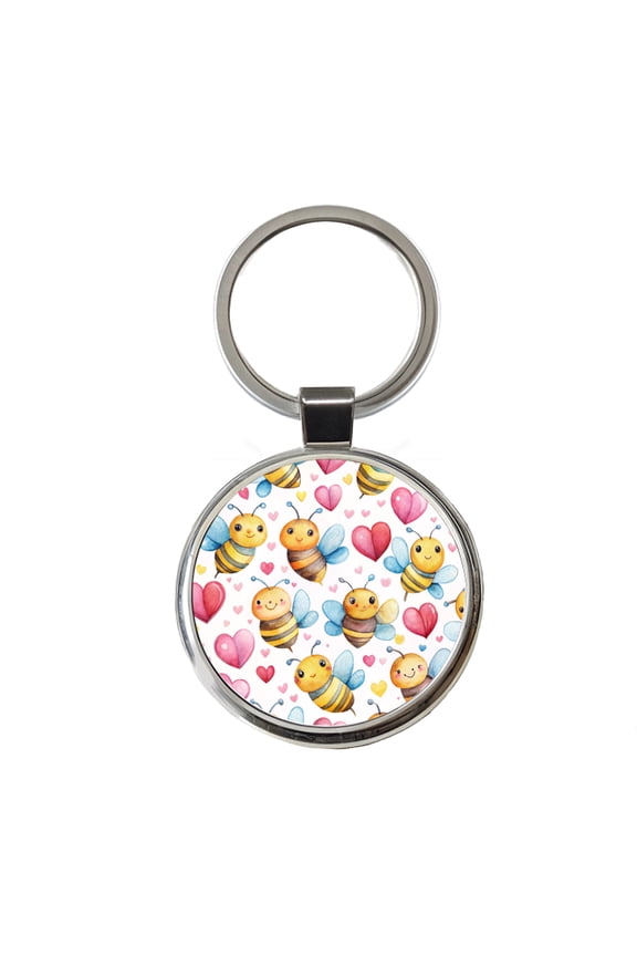 Cute Bees Hearts Watercolor Metal Round Keychain