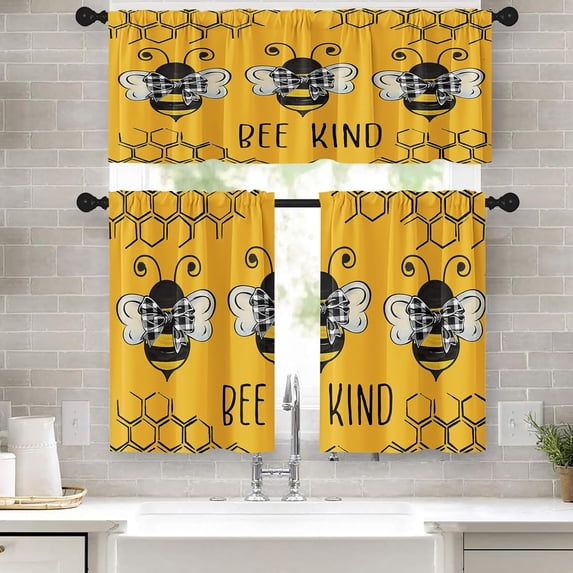 Cute Bees Kitchen Curtains Yellow Window Curtains Valance and Tier Set 36 Inch, Abstract Beehive Honeycomb Rod Pocket Short Tier Curtain, Summer Small Curtains for Kitchen Decor
