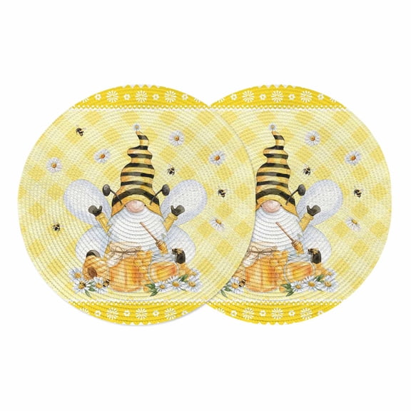 Cute Bees Round 13 Inch Placemats Set of 2, Spring Daisy Flowers Gnomes Honey Yellow Plaid HeatResistant Non Slip Place Mats for Dining Table, Wipeable Braided Kitchen Table Mats for Housewarming
