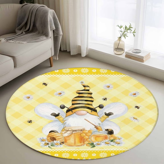 Cute Bees Round Area Rug 3Ft Washable Small Circle Rugs for Kitchen Entryway, Spring Daisy Flowers Gnomes Honey Yellow Plaid Non-Slip Carpet Floor Mats Indoor Outdoor Carpet Runner Home Decor