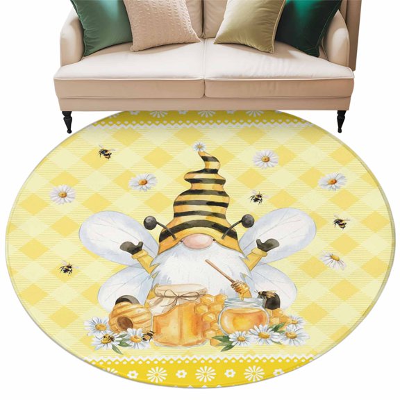Cute Bees Round Rug 7ft Washable Circle Rugs Non Slip Spring Daisy Flowers Gnomes Honey Yellow Plaid Large Area Rug Indoor Floor Carpet for Bedroom Kitchen Living Room Home Office Dining Room Nursery
