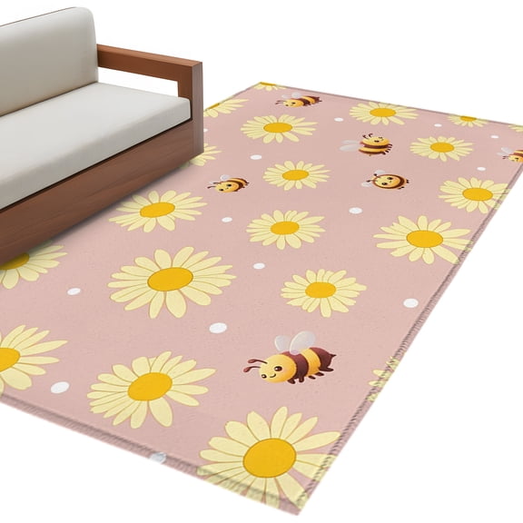Cute Bees Sunflowers Living Room Rug 4x6 Washable Area Rug for Bedroom, Non-Slip Dining Room Rugs Yellow Floral Pink Farmhouse Indoor Carpet for Kitchen Entryway Office Nursery Laundry