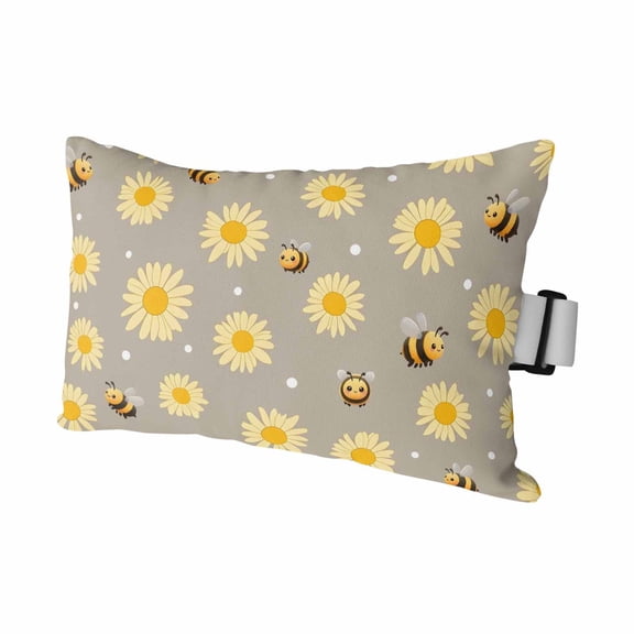 Cute Bees Sunflowers Outdoor Pillows for Chaise Lounge Chair Waterproof Lumbar Pillows with Insert&Adjustable Elastic Strap Beach Headrest Pillow Yellow Floral Grey Farmhouse Pillow for Pool 11"x16"
