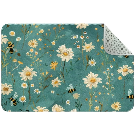 Cute Bees and Daisy Flowers Entryway Rug, 2x3 Area Rug Indoor Door Mat Non-slip Washable Floor Carpet Rug for Bedroom Office Dining Room Bathroom