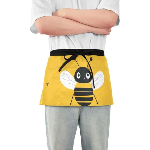 Cute Bees and Hearts Short Server Apron with 3 Pockets for Unisex Chef Gardening