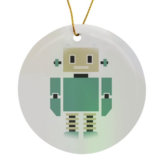 3drose, Cute Beige and Teal Tall Robot, Circle Porcelain Ornament