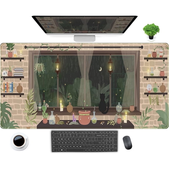 Cute Beige Brown Anime Desk Mat Kawaii Rainy Night Moonlight Witch XXL Large Extended Full Desk Gaming Mousepad XXL Long Keyboard Mouse Mat Desk Pad 31.5x15.75 in, Decor Desk Mats for Women Girl