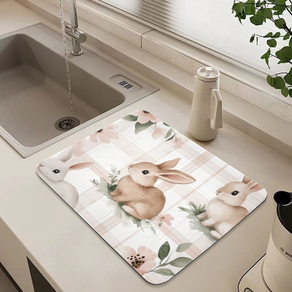 Cute Beige Rabbit Dish Drying Mat for Kitchen Counter Absorbent Drainer Mats (15.7X11.8inch)