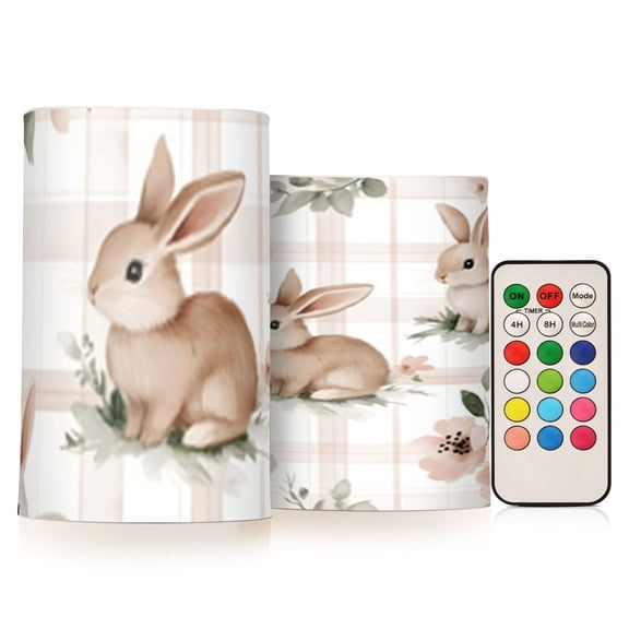 Cute Beige Rabbit Flickering Flameless Candles Battery Operated with Remote Timer LED Pillar Candles Set of 2