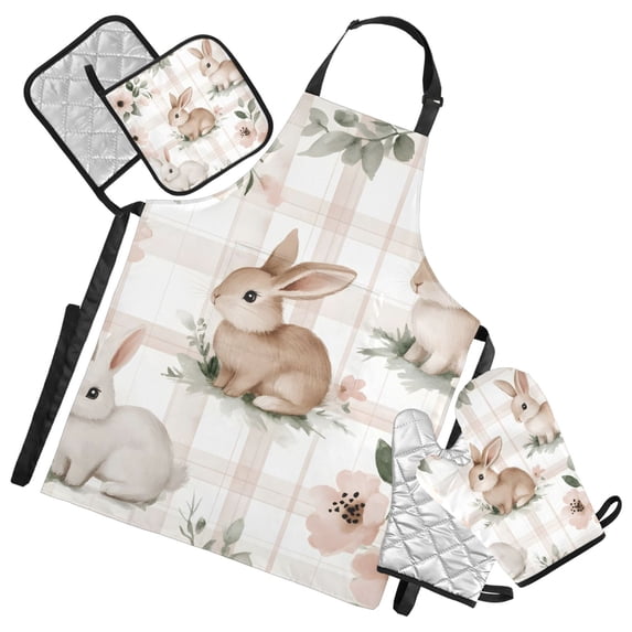 Cute Beige Rabbit Oven Mitts and Pot Holders with Chef Apron Set 5 Pcs Kitchen Cooking Set