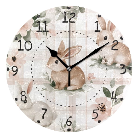 Cute Beige Rabbit Round Wall Clock Silent Battery Operated Home Decor for Living Room Bedroom