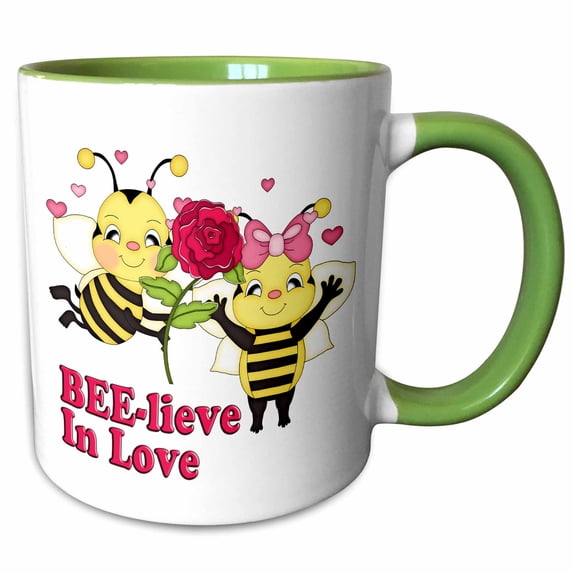 3drose, Cute Believe in Love Bumble Bees Valentine, 11oz Two-tone Green Mug