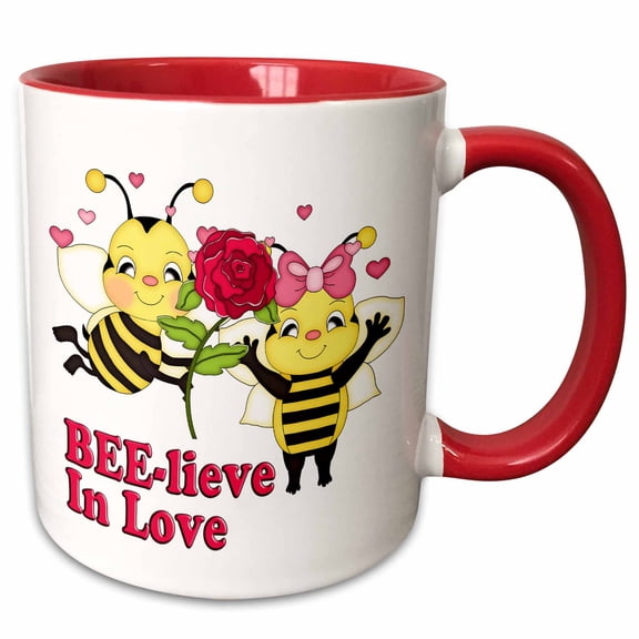 3drose, Cute Believe in Love Bumble Bees Valentine, 11oz Two-tone Red Mug