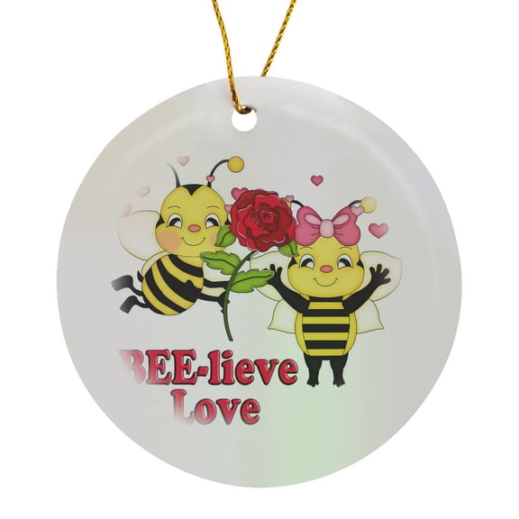 3drose, Cute Believe in Love Bumble Bees Valentine, Circle Porcelain Ornament