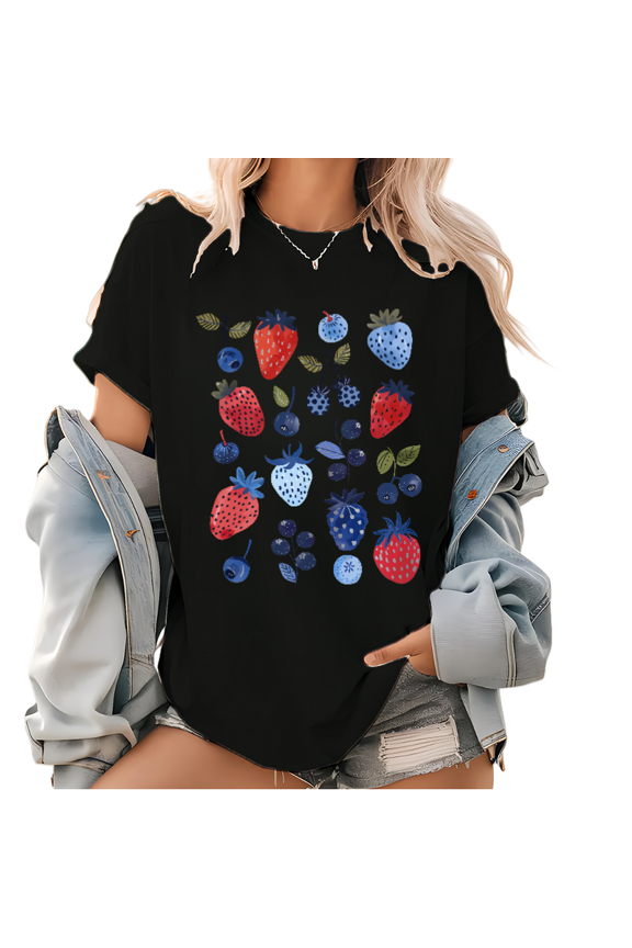 Cute Berry Print T shirt Strawberry Summer Blueberry Graphic Tees Botanical Garden Design Pattern Tops Black,3XL