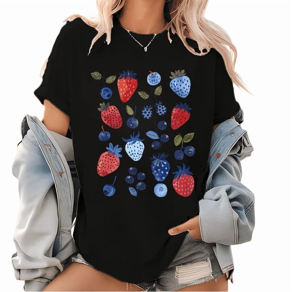 Cute Berry Print T shirt Strawberry Summer Blueberry Graphic Tees Botanical Garden Design Pattern Tops Black,L