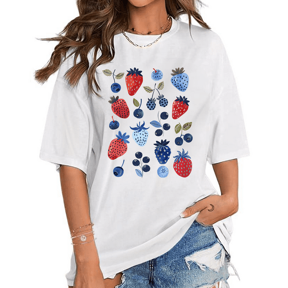 Cute Berry Print T shirt Strawberry Summer Blueberry Graphic Tees Short Sleeve Cotton Classic Tops Botanical Garden Design Shirt trendy and popular round-neck design is retro White,XL