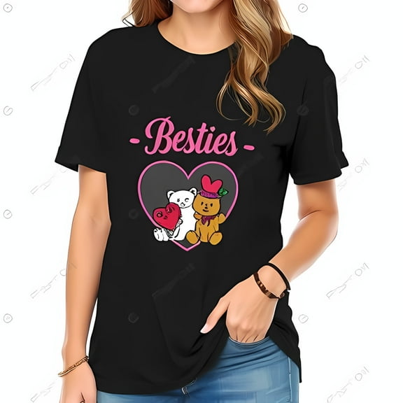 Cute Besties Cotton Short Sleeve T-Shirt with Playful Pink Font White Cat & Illustrations Heart Design for Friendship