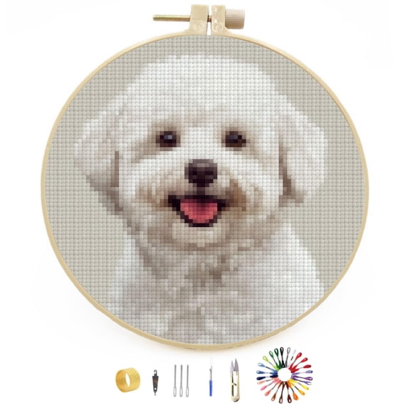 Cute Bichon Frise Dog Stamped Cross Stitch Kits for Beginners with Hoop Simple Patterns 11CT Counted Embroidery Needlepoint Crafts Arts for DIY Enthusiasts and Home Decor 26x26cm(2)