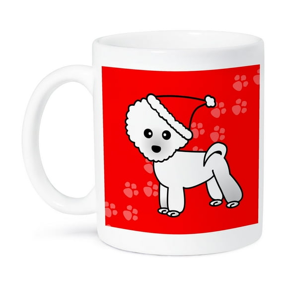 3dRose, Cute Bichon Frise Red Paw Background with Santa Hat, 15oz Mug