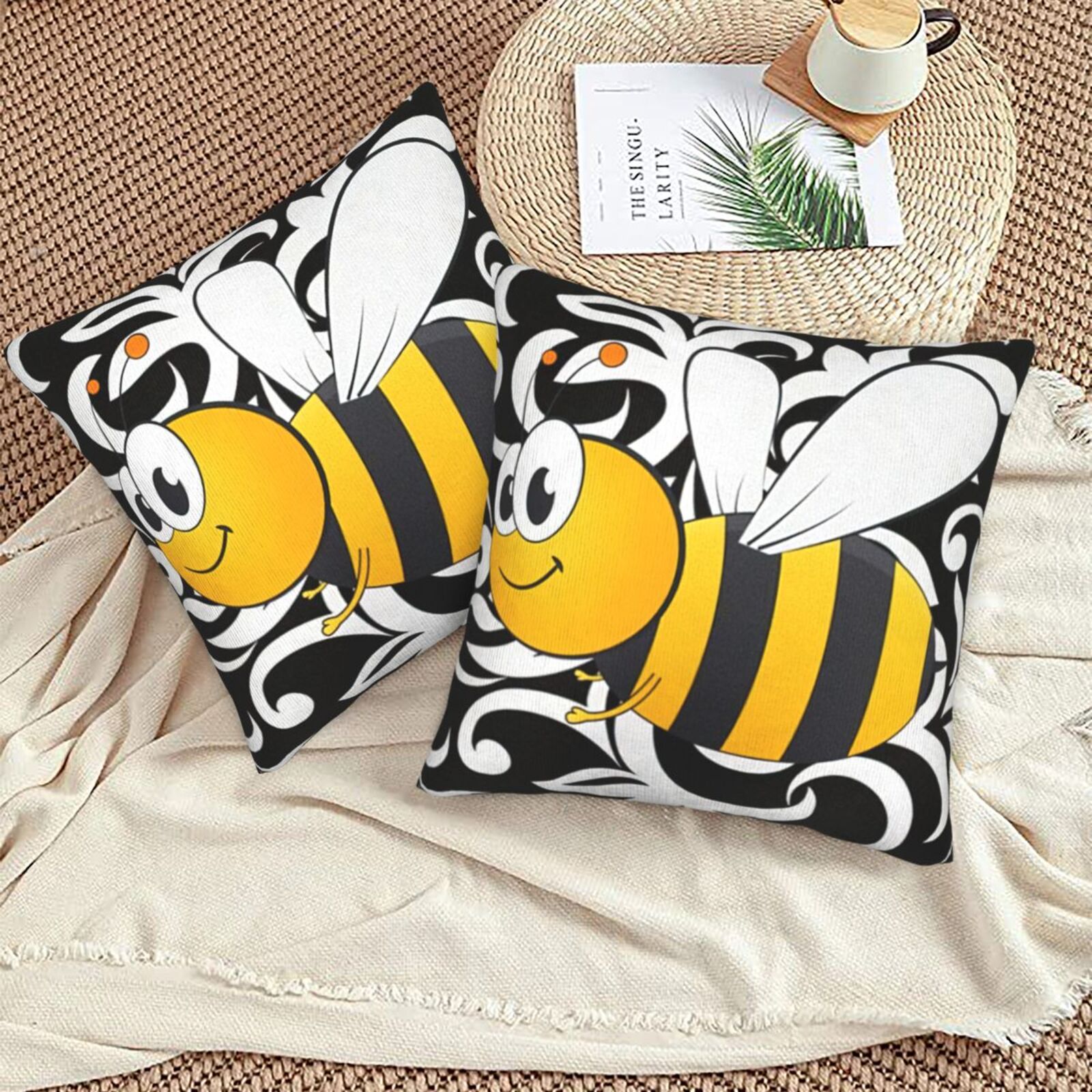 Cute Big Bee Throw Pillow Covers 18"X18" Set Of 2 Sofa Rustic Home