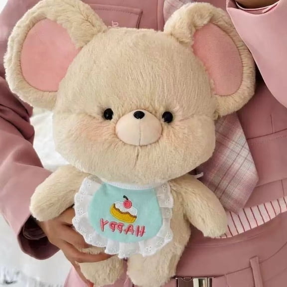 Cute Big‑Ear Mouse Plush Toy, Soft Fluffy Rat Stuffed Animal with Lace Bib & Cake Embroidery, Kawaii Sweet Plushie for Kids Gift & Home Decor