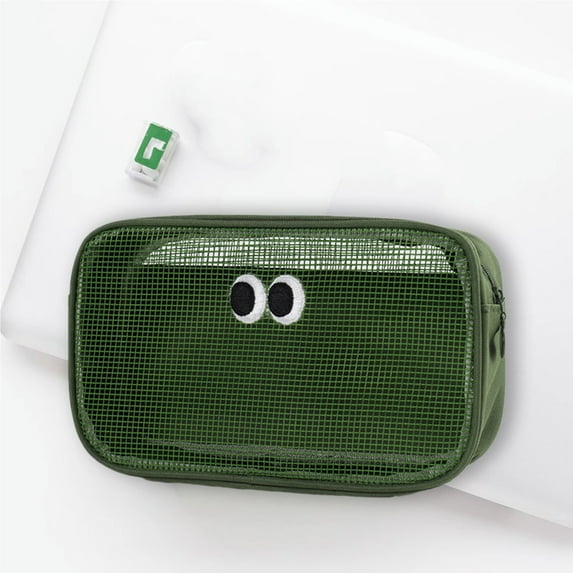 Cute Big Eyes Large Capacity Mesh Makeup Wash Bag, Digital Organizer Sundries Storage Bag Featuring Breathable Mesh Design for Travel and Home Organization, Green Color Easy to Clean Pouch