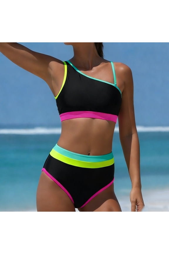 Cute Bikini Sets for Women New High Waisted Bikini Sets for Women Swimsuits Neon Two Piece V Neck Drawstring Bathing Suits Style B-61 Black M