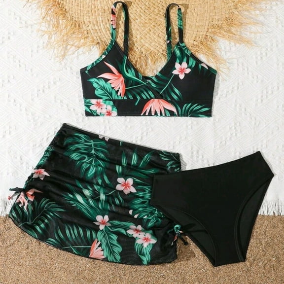 Cute Bikinis for Teens 7-16 Years Girls 3-Piece Slim Fit Tankini Set - Crop Top, Bikini Bottom & Cover-Up Skirt Swimsuit Girls Swimsuit Bikini Set