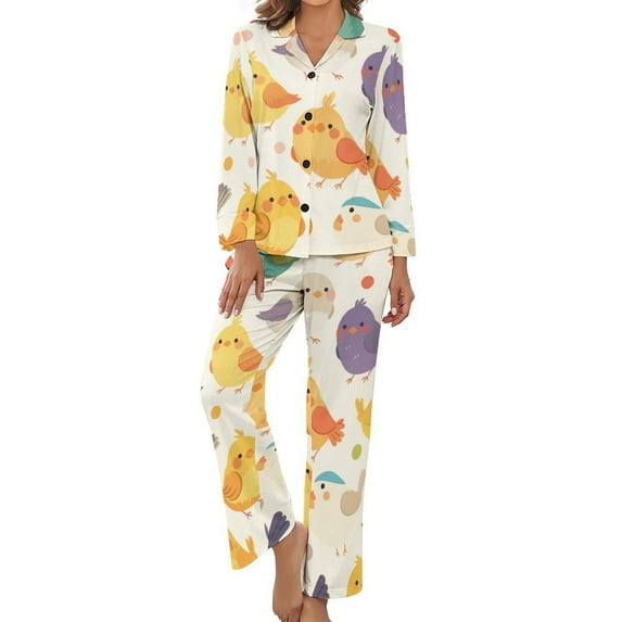 Cute Bird Cartoon Women's Long Sleeve Flannel Pajama Set Sleepwear S