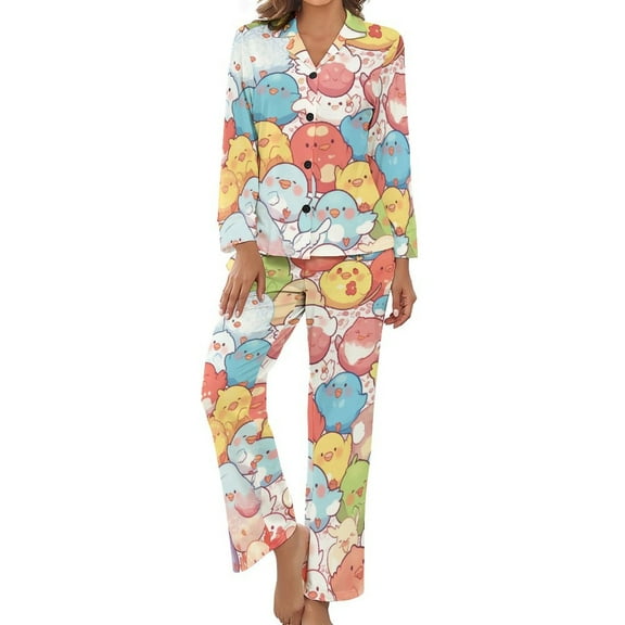 Cute Bird Cartoon Women's Long Sleeve Flannel Pajama Set Sleepwear XL