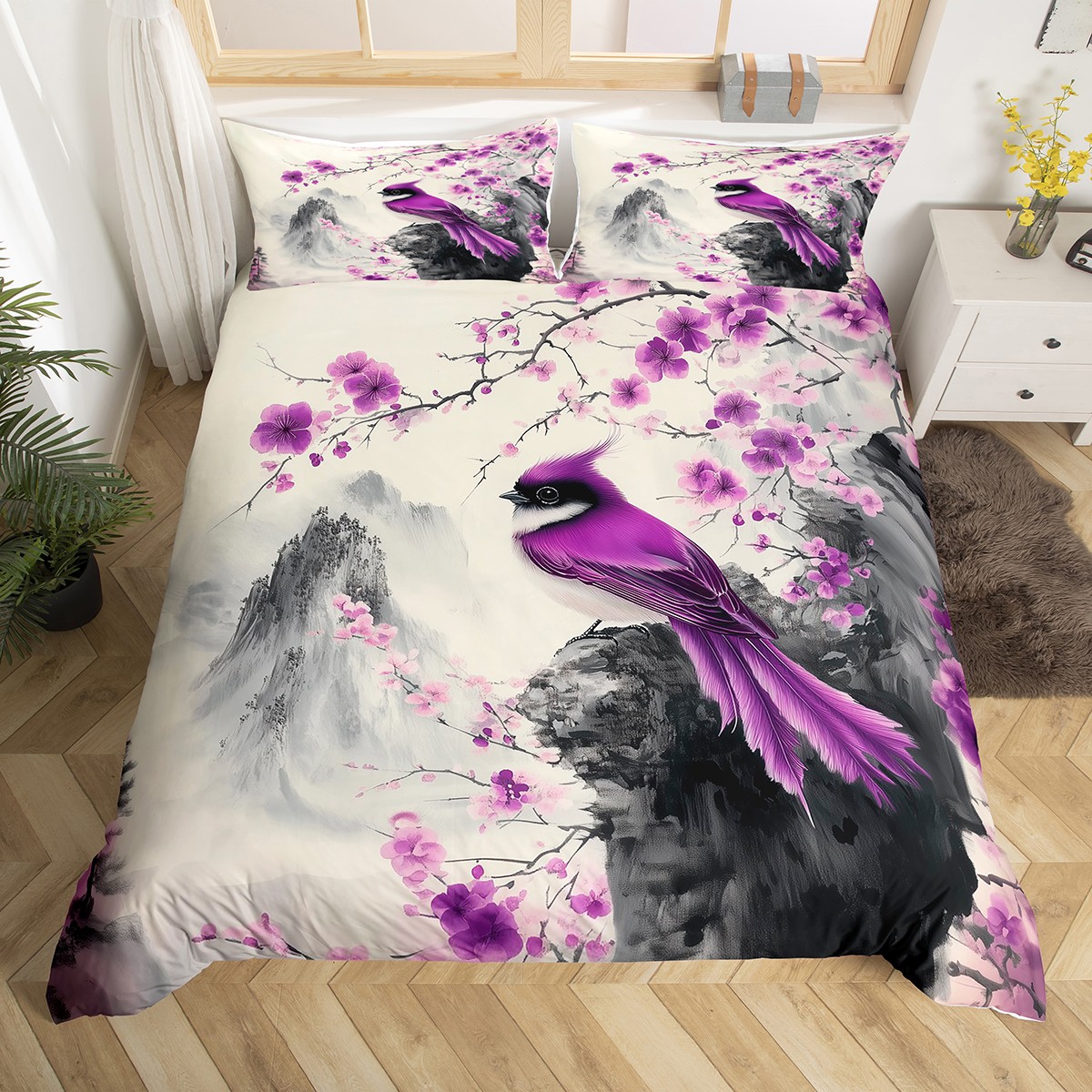 Curated visual reference: Visual Reference: Cute Bird Duvet Cover Set Queen Size Purple Floral Mountain