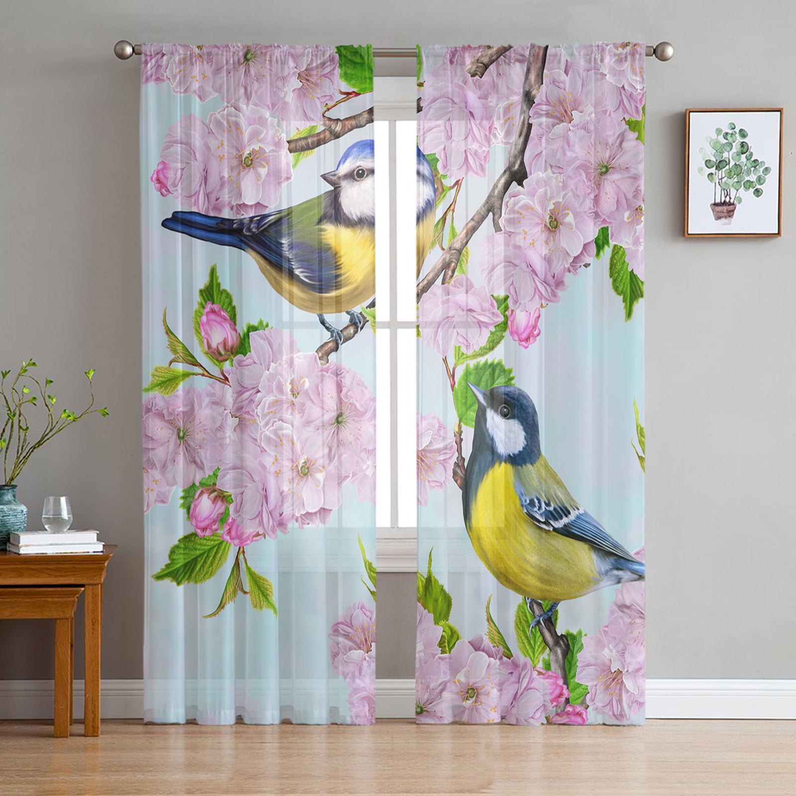 Cute Bird Electric Light Illustration Tulle Curtains for Living Room