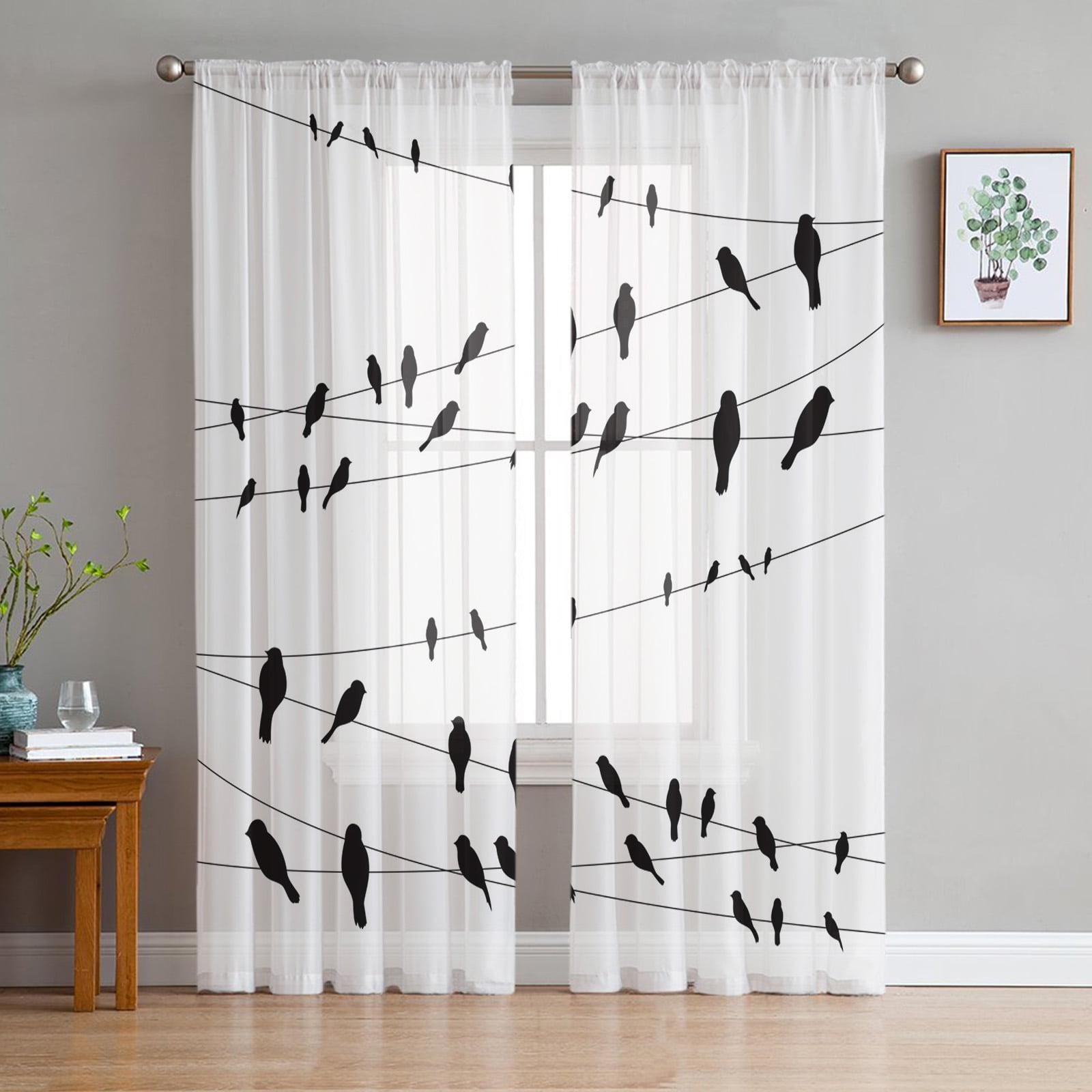 Cute Bird Electric Light Illustration Tulle Curtains for Living Room