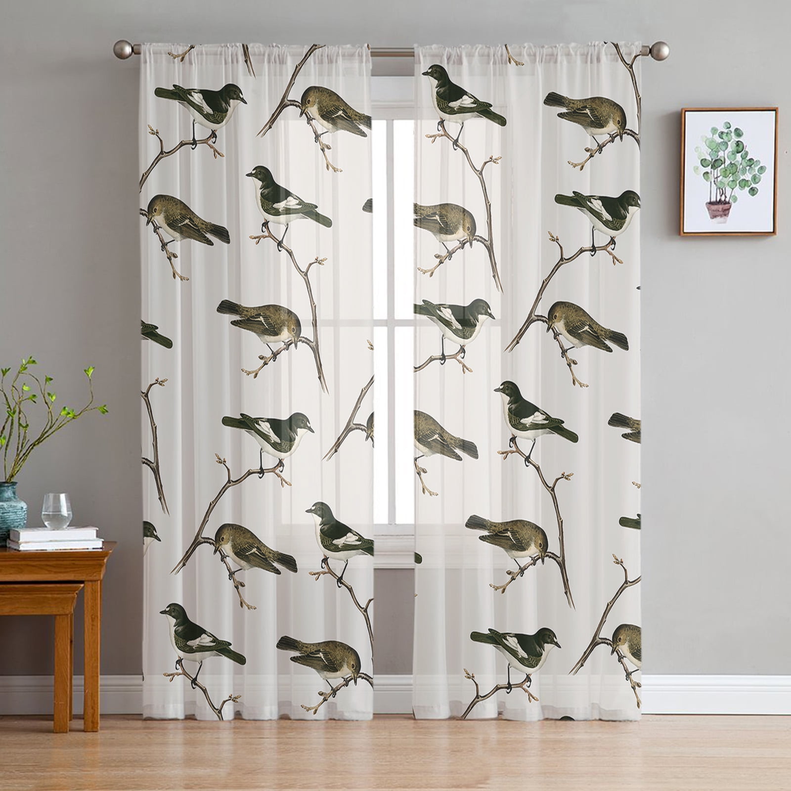 Cute Bird Electric Light Illustration Tulle Curtains for Living Room