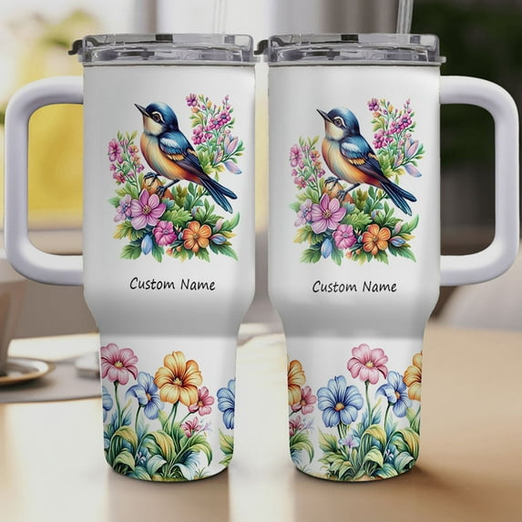 Cute Bird Lover Gift for Women, Girls - 40oz Black-and-white Warbler Custom Tumbler with Lid, Handle & Straw - Personalized Travel Cup for Holiday or Birthday