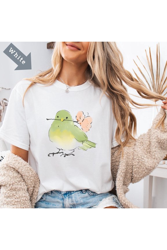 Cute Bird With Flower T-Shirt Soft Nature Lover Gift Vintage Style Graphic Tee for Women Men Spring Shirt