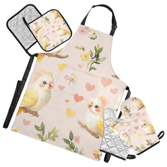 Cute Bird and Floral Oven Mitts and Pot Holders with Chef Apron Set 5 Pcs Kitchen Cooking Set