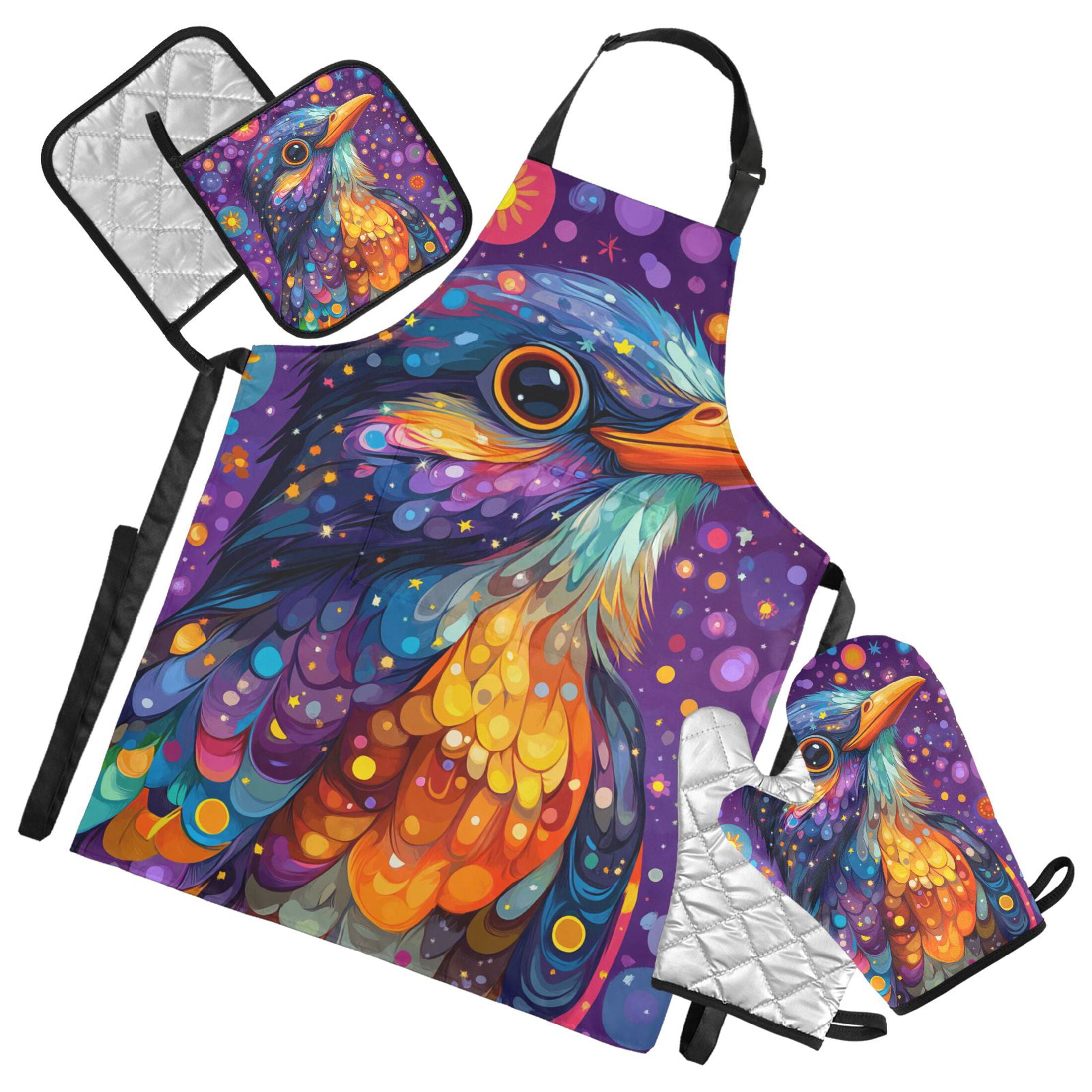 Cute Bird and Star 5 Pcs Kitchen Set Heat Resistant Oven Mitts and Non-Slip Pot Holders with Adjustable Cooking Apron