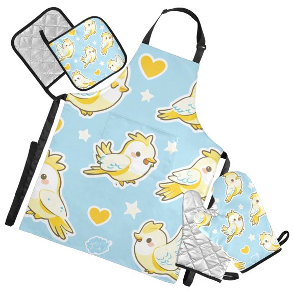Cute Bird and Star Pattern Oven Mitts and Pot Holders with Chef Apron Set 5 Pcs Kitchen Cooking Set