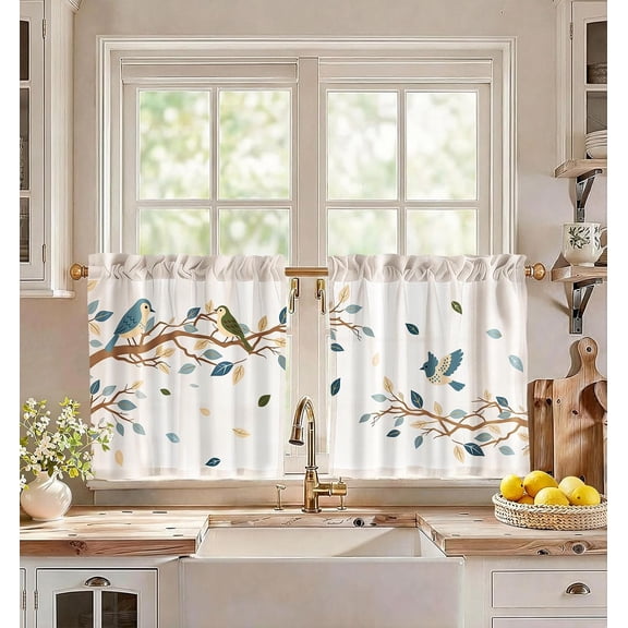 Cute Bird and Tree Branch Leaf Print Semi Sheer Kitchen Tier Curtains Rod Pocket Window Curtains for Kitchen Bathroom Farmhouse Decor