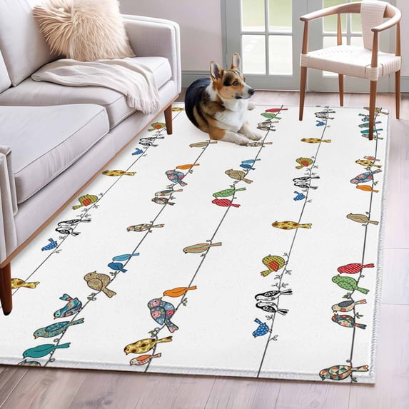 Cute Birds Area Rugs 2.7'x5', Washable Small Throw Rugs for Kitchen Bedroom, Funny Snowflake Wire Sparrow Indoor Outdoor Rug Non-Slip Low Pile Carpet Runner Reversible Floor Mats