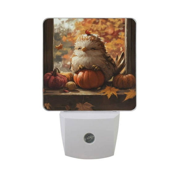 Cute Birds Autumn Pumpkins Leaves Thanksgiving LED Night Light with Smart Sensor Plug Into Wall Dusk to Dawn 2 packs
