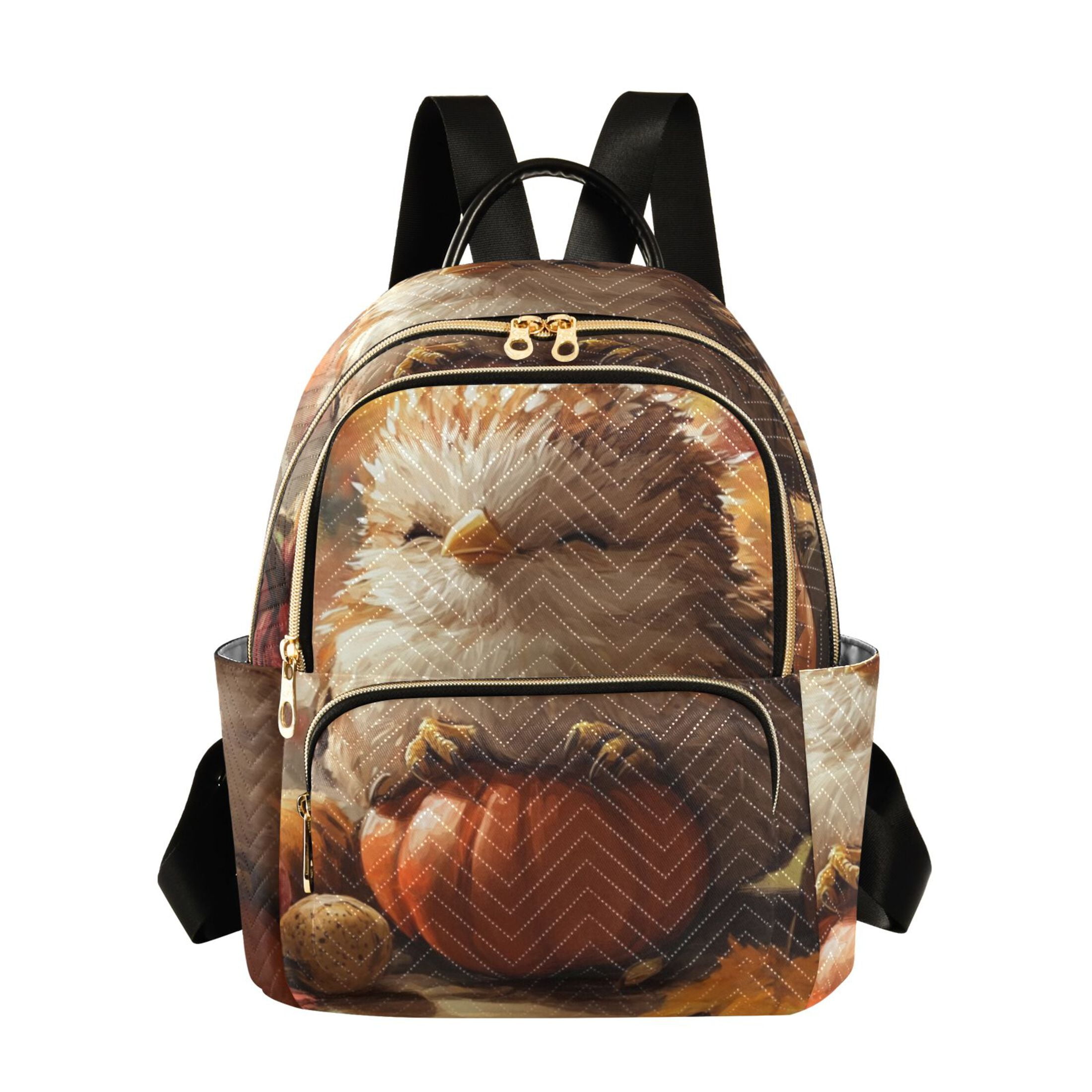 Cute Birds Autumn Pumpkins Leaves Thanksgiving Quilted Backpack