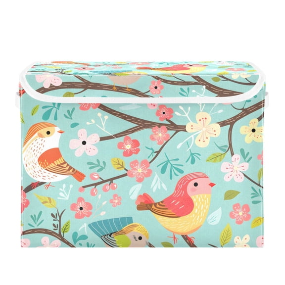 Cute Birds Branches Leaves Flowers Spring Foldable Storage Bin with Lid and Handle Collapsible Storage Box 16.5 x 12.6 x 11.8 inches