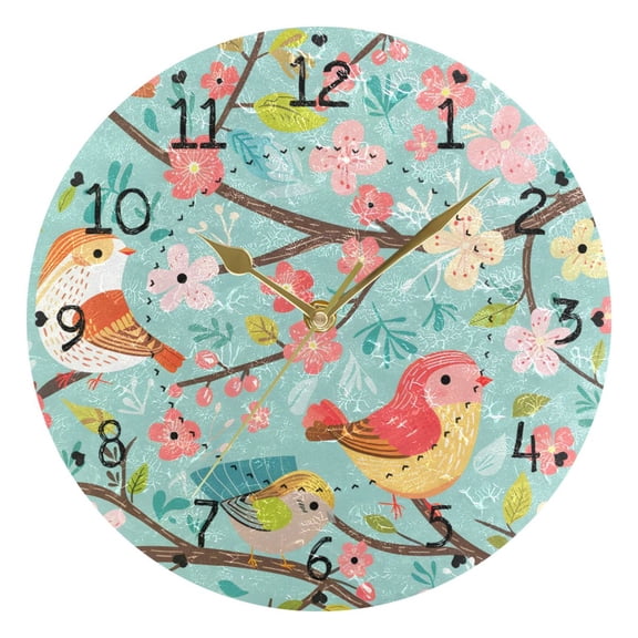 Cute Birds Branches Leaves Flowers Spring Round Wall Clock Silent Analog Battery Operated Gold Pointer Home Decor 9.84" Diameter