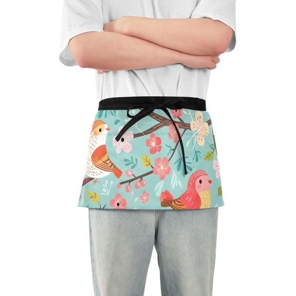Cute Birds Branches Leaves Flowers Spring Short Server Apron with 3 Pockets for Unisex Chef Gardening